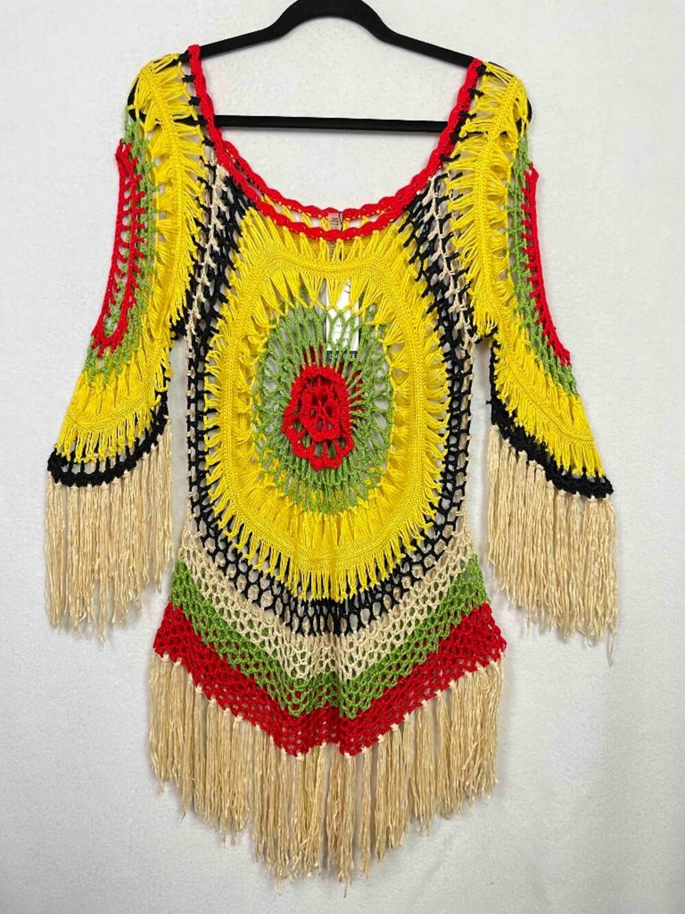 MT Collection NWT Multicolor Crochet Fringe Tunic Dress / Cover up Womens OS